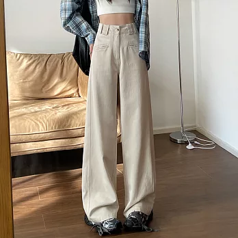 【MsMore】 闊腿天絲棉牛仔褲高腰薄款休閒寬鬆bf風直筒拖地長褲# 124501 M 杏色