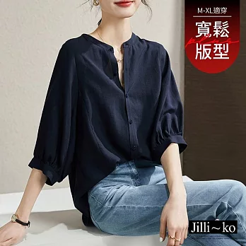 【Jilli~ko】復古寬鬆圓領百搭休閒七分袖襯衫 J12184  FREE 深藍色