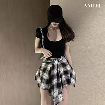 【AMIEE】性感U領短袖T恤上衣短褲兩件套(KDAY-330) M 圖片色