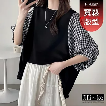 【Jilli~ko】蝙蝠袖拼接巨寬鬆上衣 J12258  FREE 黑格紋