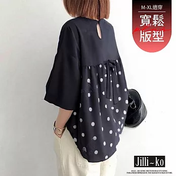 【Jilli~ko】日系波點後蝴蝶結拼接上衣 J12270  FREE 黑色