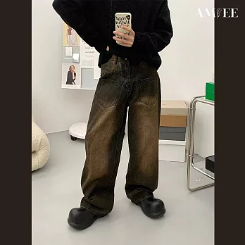 【AMIEE】美式水洗舊化風牛仔闊腿褲(男裝/KDPY-1727) M 廢土色