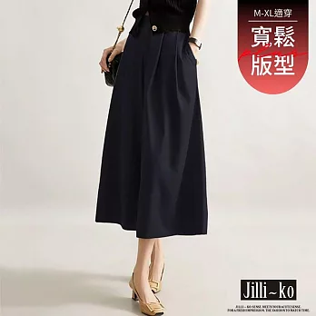 【Jilli~ko】高腰大擺打摺闊腿九分裙褲 J12315  FREE 深藍