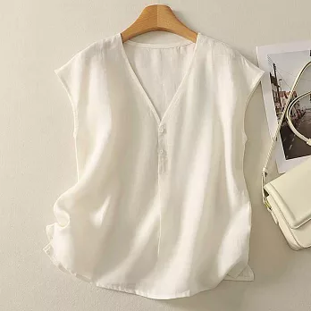 【慢。生活】V領棉麻極簡設計感無袖上衣 2783  FREE 白色