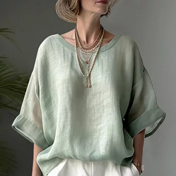 【慢。生活】棉麻圓領落肩連袖上衣 62296  FREE 綠色