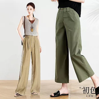 【初色】純色輕薄透氣亞麻寬鬆涼爽寬褲闊腿褲長褲-5款任選-13811(M-2XL可選) M A.淺黃色