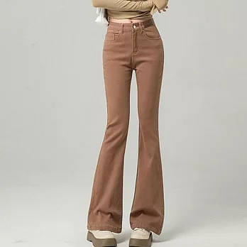 【MsMore】 美拉德微喇牛仔褲高腰馬蹄長褲# 125881 S 卡其色