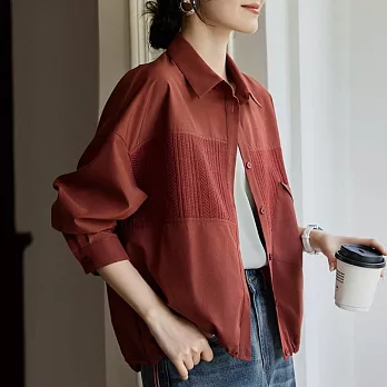 【MsMore】 安可拉紅色肌理拼接抽繩襯衫風衣長袖外套# 125910 M 紅色