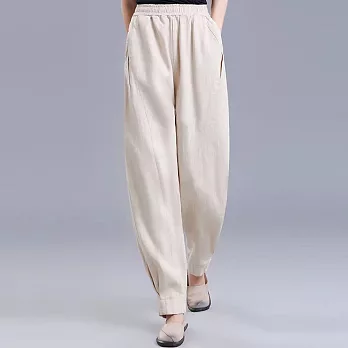 【ACheter】 麻燈籠褲復古寬鬆蘿蔔老爹褲高腰棉麻哈倫長褲# 126041 M 米白色