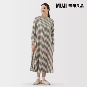 【MUJI 無印良品】女雙面起毛法蘭絨立領長袖洋裝 S 淺米格紋