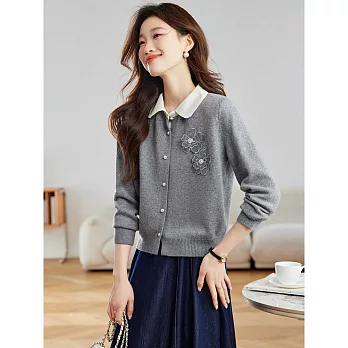 【MsMore】 立體花朵拼色翻領針織短款毛衣外套# 125545 FREE 灰色