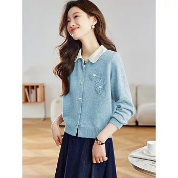 【MsMore】 立體花朵拼色翻領針織短款毛衣外套# 125545 FREE 藍色