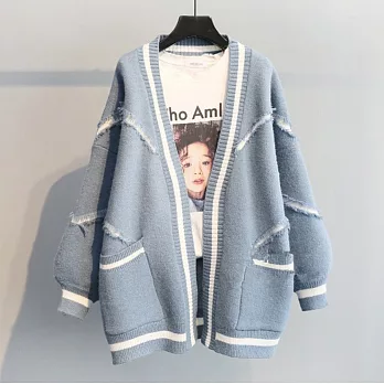 【MsMore】 拼色針織衫慵懶風毛衣外套# 126230 FREE 藍色