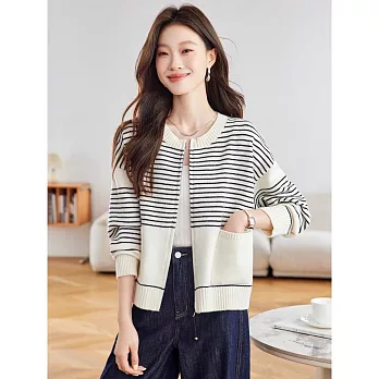 【MsMore】 慵懶風條紋毛衣外套長袖圓領針織# 126238 FREE 米白色