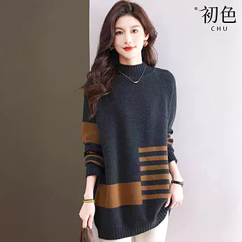 【初色】休閒風拼色半高領長袖中長款針織打底衫上衣女上衣-共2色-16209(F可選) F 灰綠色