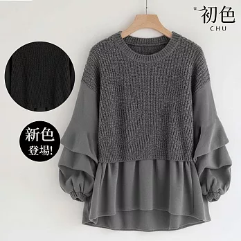 【初色】日系圓領長袖假兩件針織上衣女上衣-共2色-39974(M/L可選) M 灰色
