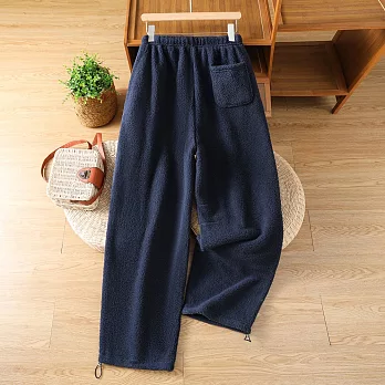 【ACheter】 抽繩闊腿直筒束腳寬鬆加厚羊羔絨刺繡休閒褲# 126533 M 藏青色