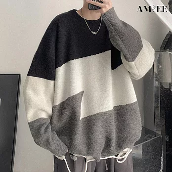 【AMIEE】韓版潮流寬鬆百搭長袖針織衫(男裝/KDTQ-527B) M 黑色