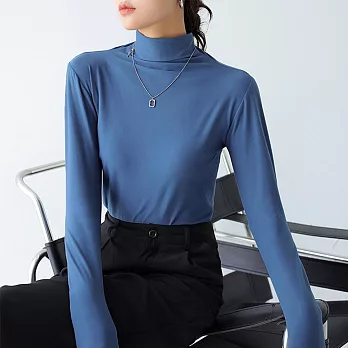 【AnZa】半高領長袖打底內搭上衣(2色)      M 混棉-藍