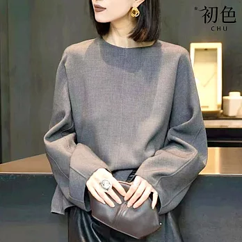 【初色】法式純色簡約圓領長袖寬鬆T恤休閒獨特襯衫上衣女上衣-灰色-16486(M-2XL可選) M 灰色