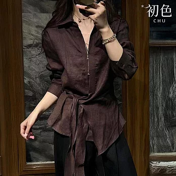 【初色】法式純色翻領長袖不對稱設計綁帶收腰造型上衣女上衣-棕色-16482(M-2XL可選) M 棕色