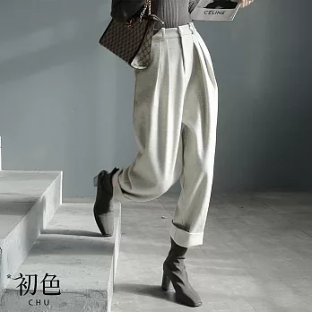 【初色】簡約純色垂墜感毛呢顯瘦闊腿哈倫西裝褲寬褲九分長褲-共2色-16423(M-2XL可選) M 米白色