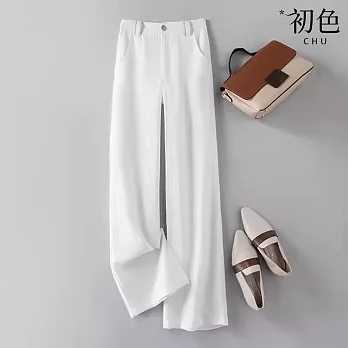 【初色】亞麻風純色高腰口袋垂感闊腿褲休閒褲寬褲長褲-共3色-10565(M-2XL可選) M 白色