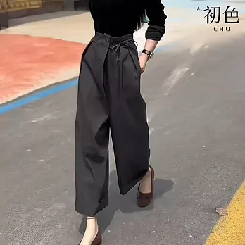 【初色】韓系通勤純色設計感綁帶闊腿西裝褲直筒休閒褲寬褲長褲-灰色-16385(M-XL可選) M 灰色
