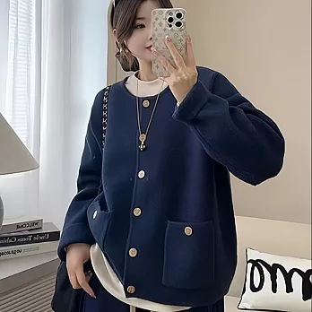 【MsMore】 韓系圓領針織單排扣毛衣外套長袖上衣# 125932 FREE 藏青色