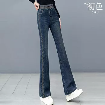 【初色】通勤風提臀顯瘦高腰鬆緊腰牛仔褲直筒喇叭褲休閒褲寬褲長褲-共2款-16038(M-5XL可選) M 深藍色九分褲