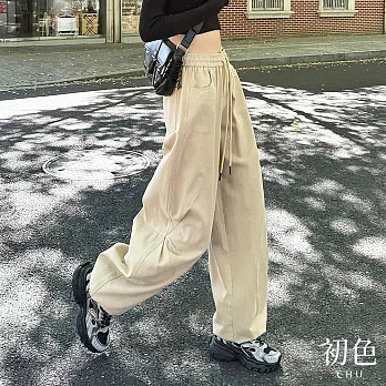 【初色】簡約休閒寬鬆運動風縮繩綁帶鬆緊腰闊腿工裝褲寬褲長褲-共3色-16672(M-2XL可選) M 淺卡色