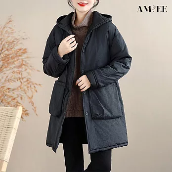 【AMIEE】韓版加棉減齡棉服外套(KDCQ-8936) M 黑色