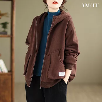 【AMIEE】寬鬆顯瘦開衫連帽外套(KDCQ-8523) L 咖啡色