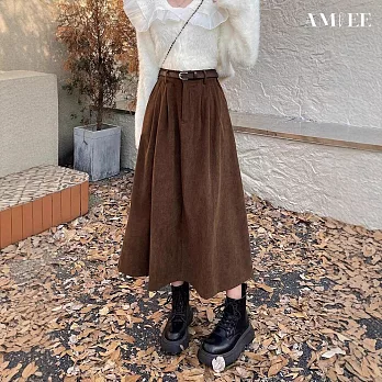 【AMIEE】復古高腰修身燈芯絨A字裙(KDSQ-1830) M 咖啡