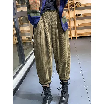 【ACheter】 復古寬鬆休閒簡約百搭純色燈芯絨加絨燈籠褲# 127055 M 綠色