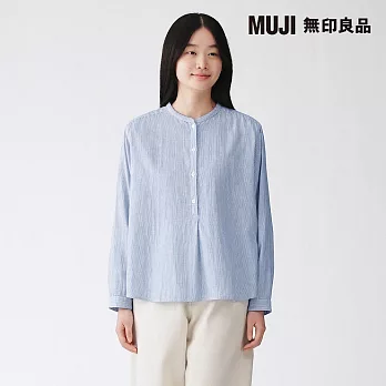 【MUJI 無印良品】女吉貝木棉混二重紗織長袖套衫 S 藍直紋