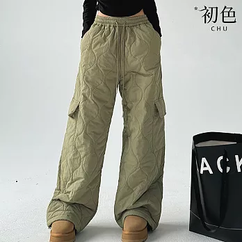 【初色】復古風加厚保暖純色鬆緊腰工裝棉褲闊腿褲休閒褲寬褲長褲-共2色-16754(M-2XL可選) M 軍綠色