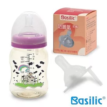 【貝喜力克】防脹氣寬口徑PES乳牛奶瓶180ml(加送十字奶嘴2入)奶嘴尺寸：S*2