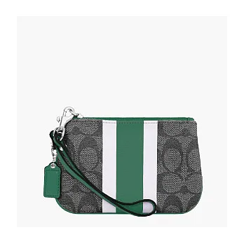 《COACH》黑灰/湖水綠_C LOGO PVC 直條印花皮飾邊小款手拿包