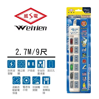 威電牌 2孔6開6插電源延長線 15A 9尺 WT-662-9