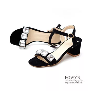 EOWYN．日系街頭美型時尚性感顯瘦水鑽釦環百搭休閒粗跟涼鞋EMD00839-70/2色/34-39碼現貨+預購黑色34