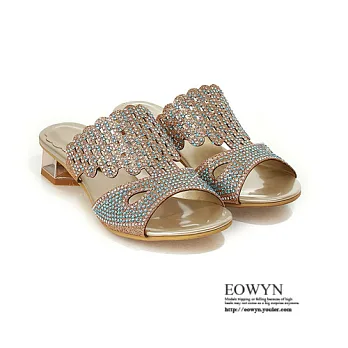 EOWYN．歐美時尚新款顯瘦性感甜美色彩水鑽百搭粗跟拖鞋/涼鞋EMD00937-78/1色/34-39碼現貨+預購金色34