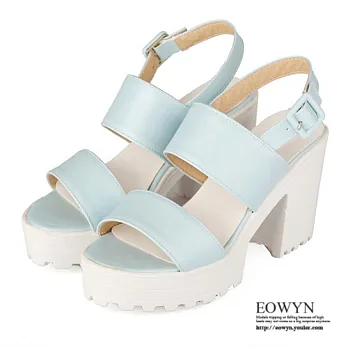EOWYN．2015時尚韓版新款甜美糖果色圓頭釦環寬版粗跟涼鞋EMD00899-59/3色/34-39碼現貨+預購藍色34