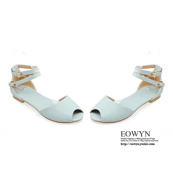 EOWYN．2015夏季歐美新品甜美魚嘴金屬釦環圓頭舒適百搭平底涼鞋EMD01067-52/3色/34-39碼現貨+預購藍色34