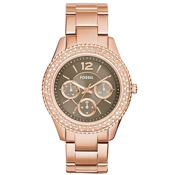 FOSSIL 初曉黎明三眼晶鑽腕錶-棕x玫瑰金
