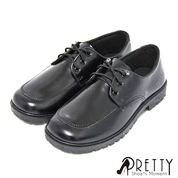 【Pretty】學院風六孔綁帶式圓頭低跟標準學生鞋皮鞋(女款)23.5黑色