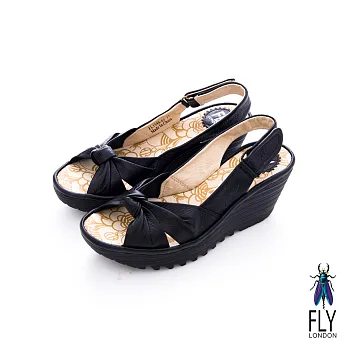Fly London(女)★ 仙度芮拉 扭結魚口後空楔型涼鞋 - 午夜黑35午夜黑