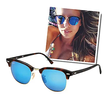 【Ray Ban 太陽眼鏡】RB3016-114519#Clubmaster_復古眉架/水銀藍鏡面款太陽眼鏡(鏡面寬-51mm)