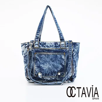 OCTAVIA 8 - 鬼洗無印裝飾拉鍊大口袋肩斜二用牛仔包 - 石洗藍石洗藍