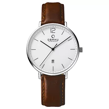 OBAKU 極致簡約時尚日期腕錶-銀X咖啡皮帶